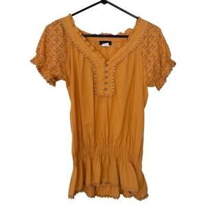 Sam & Max Womens Short Puff Sleeve V neck Blouse Mustard Sz M 100% Cotton